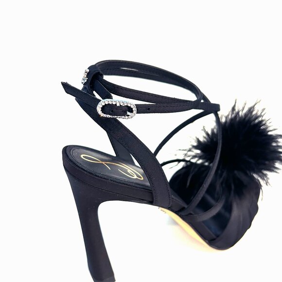 Sam Edelman Layton Feather-Trimmed Satin Sandals, Black, Size 8.5 - Picture 7 of 8